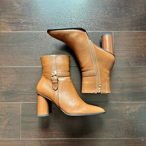 Torgeis London Brown/Cognac Heeled Boots with Gold Buckle and Stitch Detail